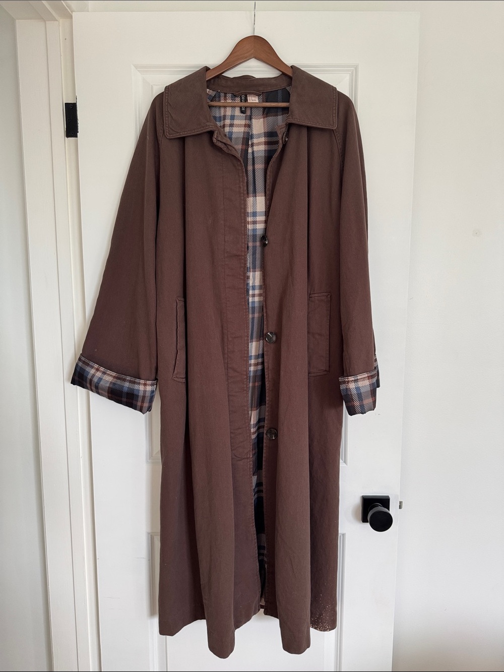 H&M Brown Long Trench Coat with Plaid Lining